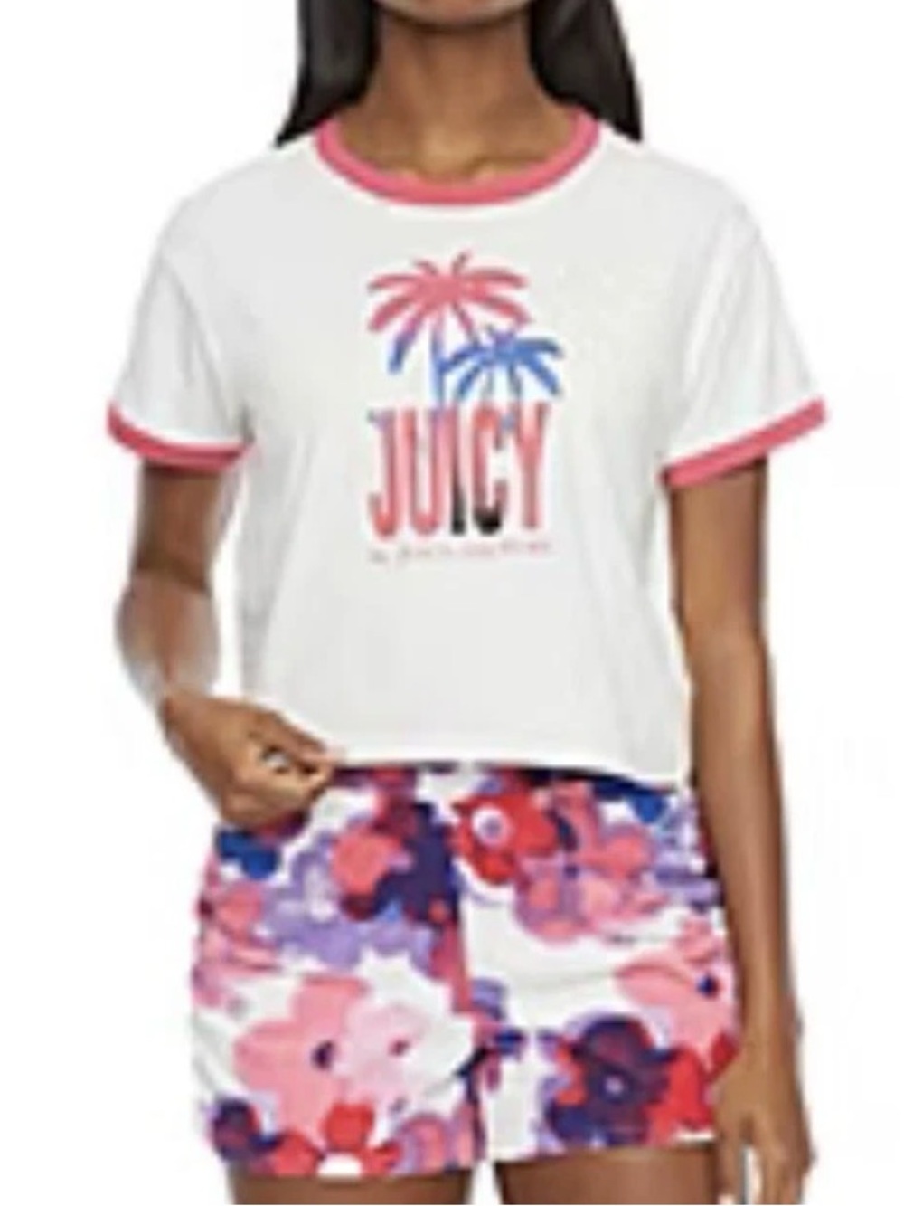 Juicy Couture Juniors XL White Ringer Tee with Pink Trim & Blue Palm Graphic